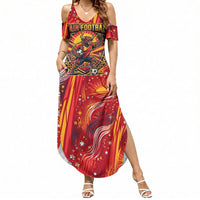 Personalized Spain Football Bull Mascot Summer Maxi Dress Dynamic Spanish Sunburst Abstract Flame