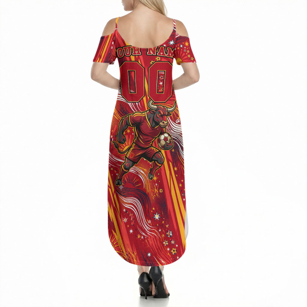 Personalized Spain Football Bull Mascot Summer Maxi Dress Dynamic Spanish Sunburst Abstract Flame
