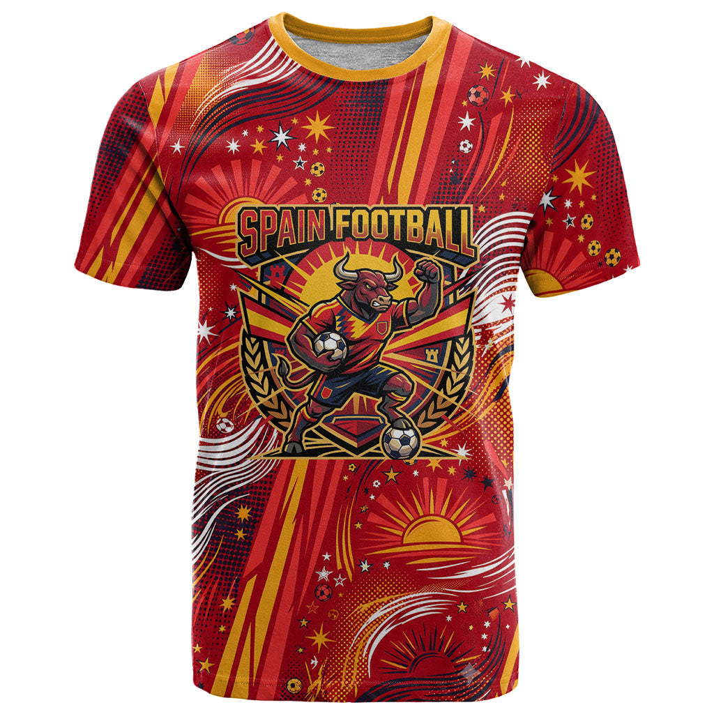 Personalized Spain Football Bull Mascot T Shirt Dynamic Spanish Sunburst Abstract Flame