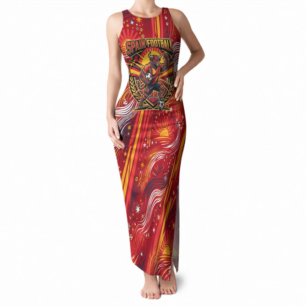 Personalized Spain Football Bull Mascot Tank Maxi Dress Dynamic Spanish Sunburst Abstract Flame