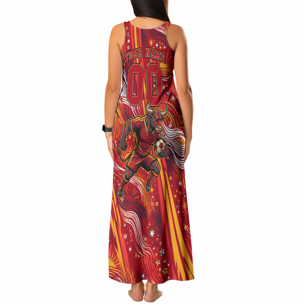 Personalized Spain Football Bull Mascot Tank Maxi Dress Dynamic Spanish Sunburst Abstract Flame
