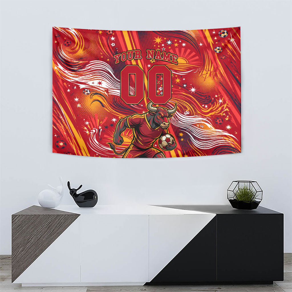 Personalized Spain Football Bull Mascot Tapestry Dynamic Spanish Sunburst Abstract Flame