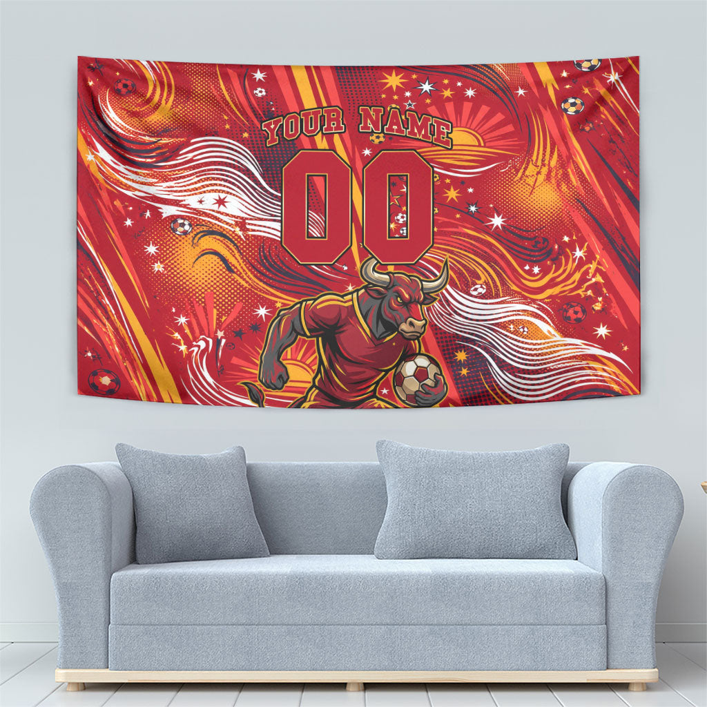 Personalized Spain Football Bull Mascot Tapestry Dynamic Spanish Sunburst Abstract Flame