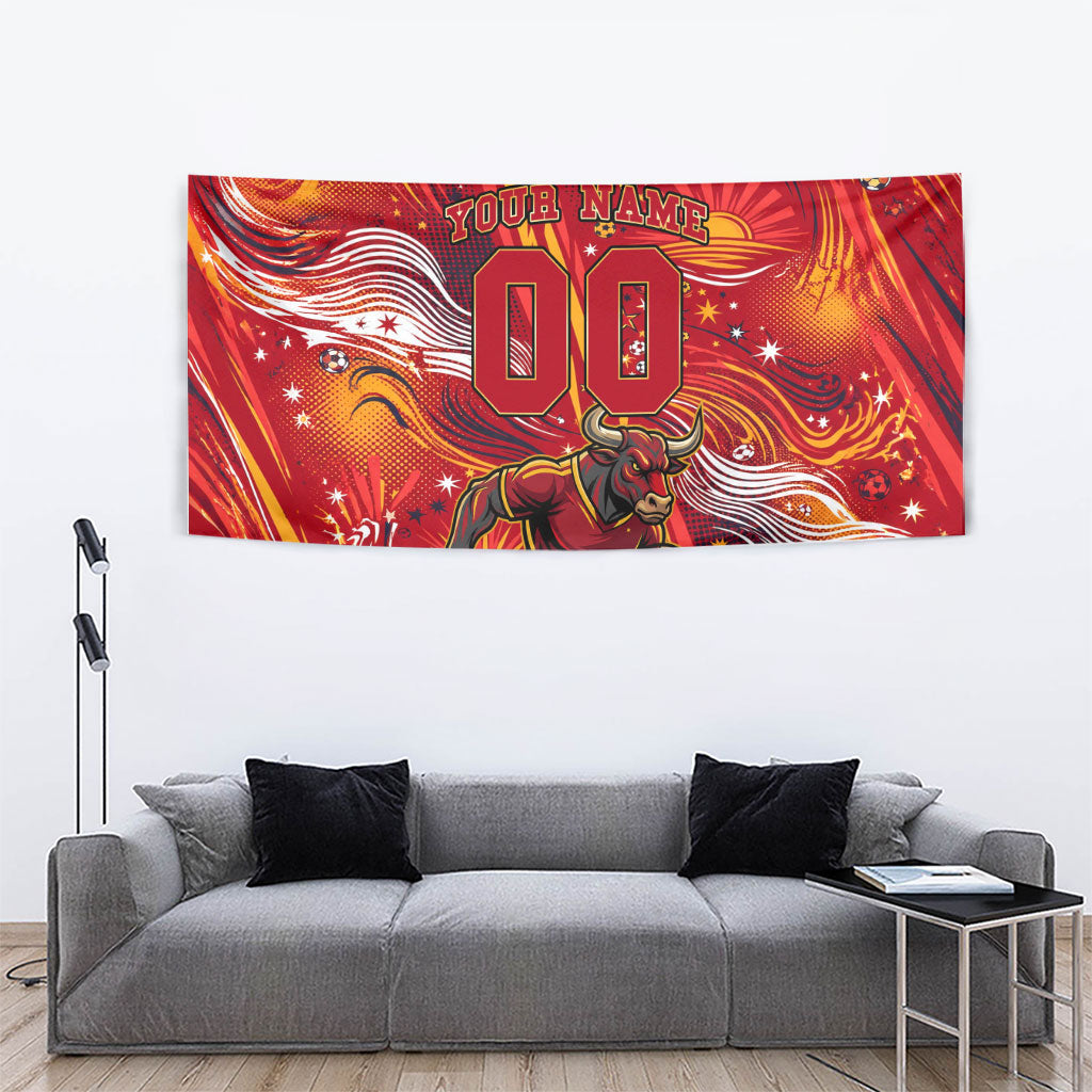 Personalized Spain Football Bull Mascot Tapestry Dynamic Spanish Sunburst Abstract Flame