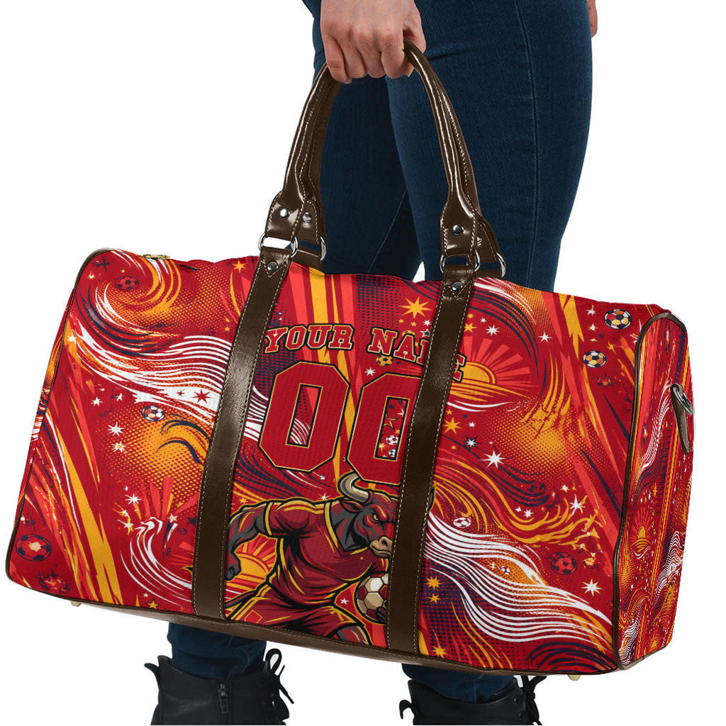 Personalized Spain Football Bull Mascot Travel Bag Dynamic Spanish Sunburst Abstract Flame