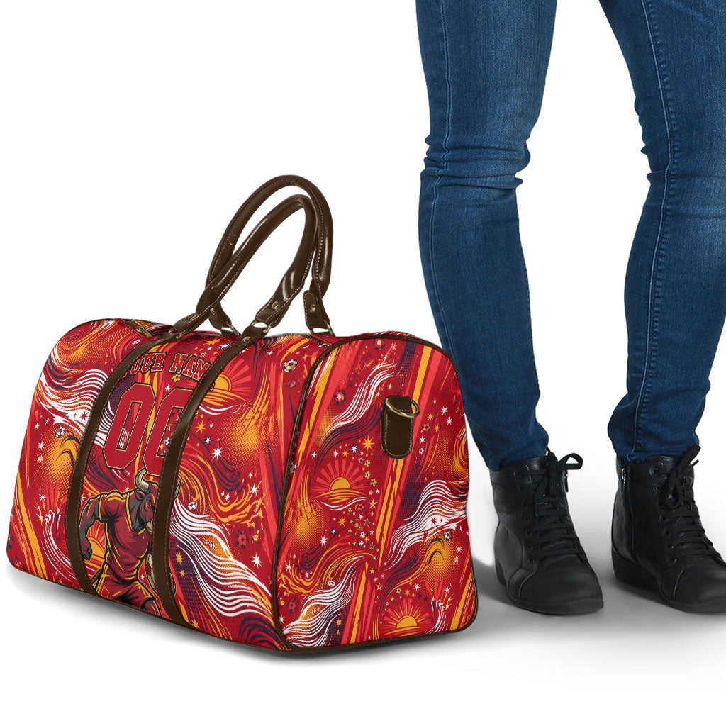 Personalized Spain Football Bull Mascot Travel Bag Dynamic Spanish Sunburst Abstract Flame