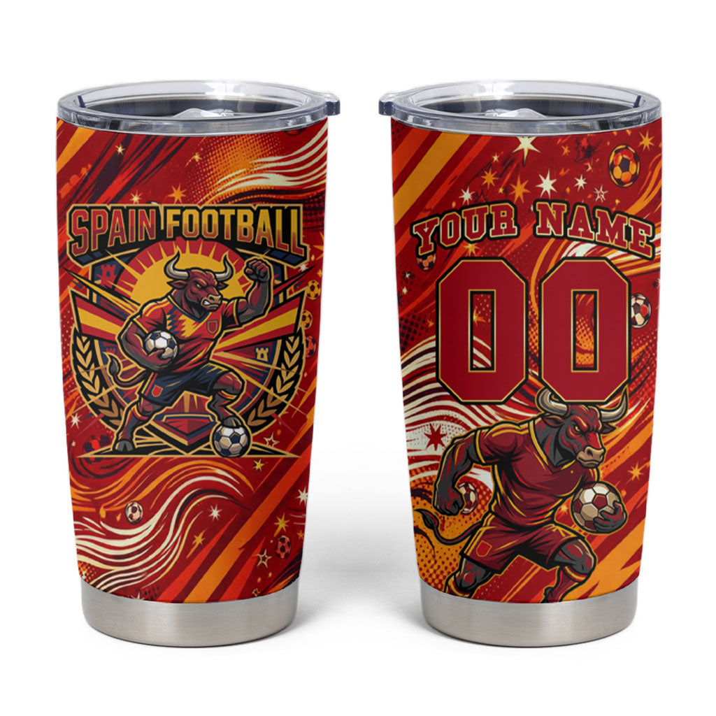 Personalized Spain Football Bull Mascot Tumbler Cup Dynamic Spanish Sunburst Abstract Flame