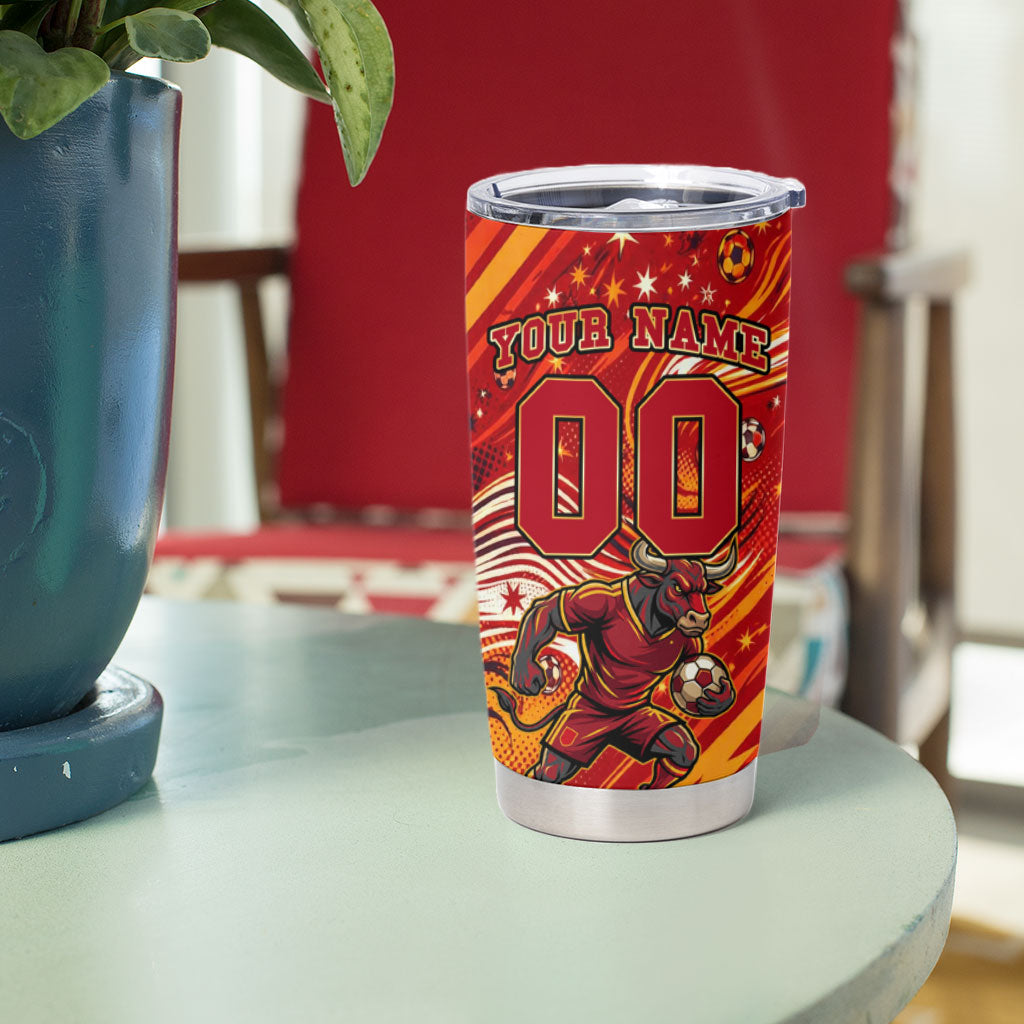 Personalized Spain Football Bull Mascot Tumbler Cup Dynamic Spanish Sunburst Abstract Flame