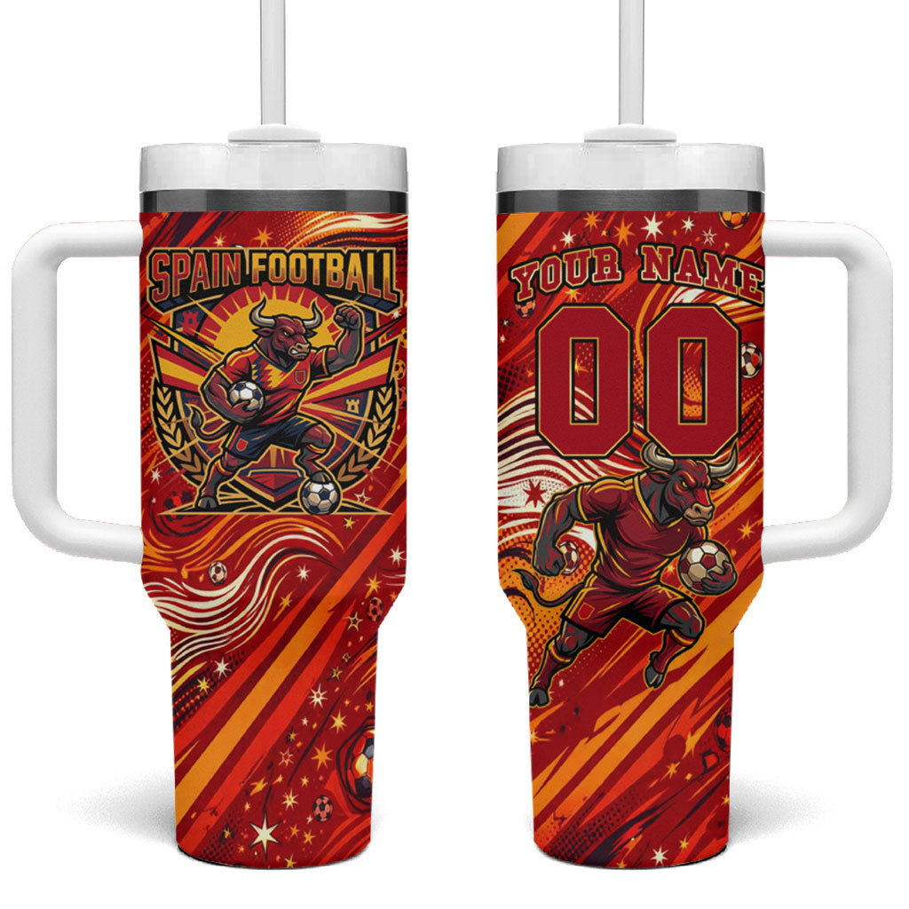 Personalized Spain Football Bull Mascot Tumbler With Handle Dynamic Spanish Sunburst Abstract Flame