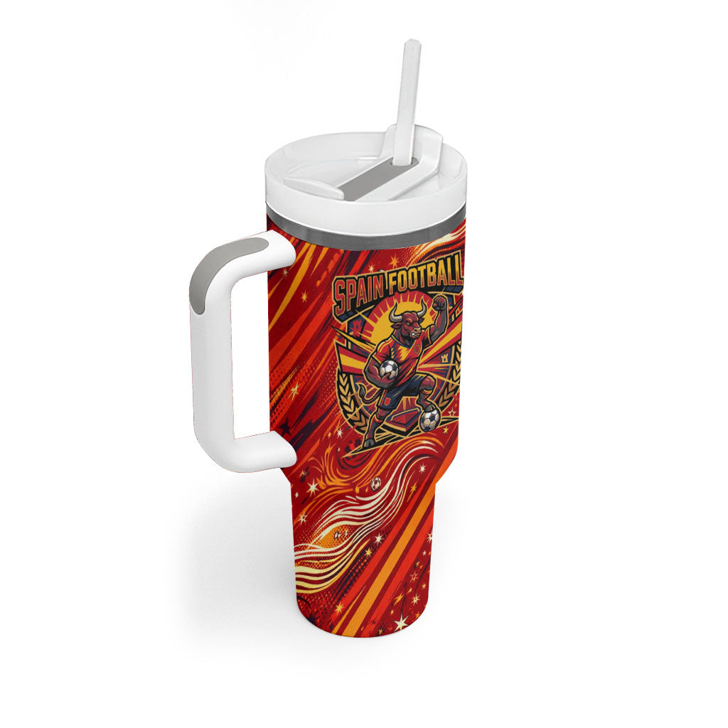 Personalized Spain Football Bull Mascot Tumbler With Handle Dynamic Spanish Sunburst Abstract Flame