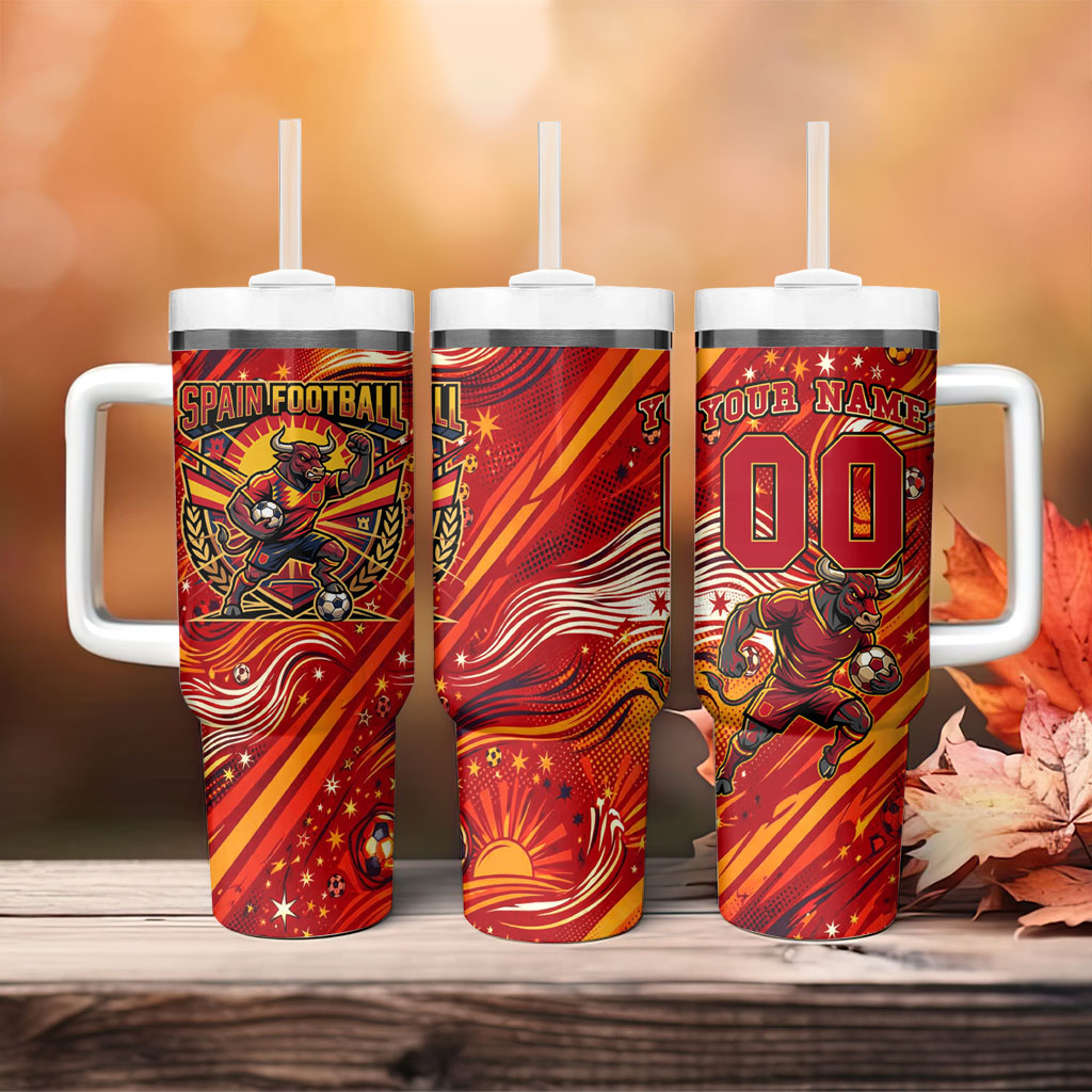 Personalized Spain Football Bull Mascot Tumbler With Handle Dynamic Spanish Sunburst Abstract Flame