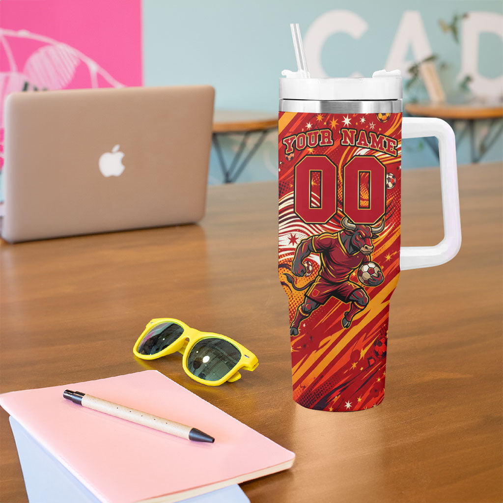 Personalized Spain Football Bull Mascot Tumbler With Handle Dynamic Spanish Sunburst Abstract Flame