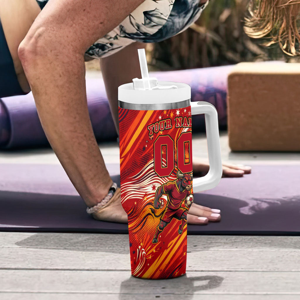 Personalized Spain Football Bull Mascot Tumbler With Handle Dynamic Spanish Sunburst Abstract Flame