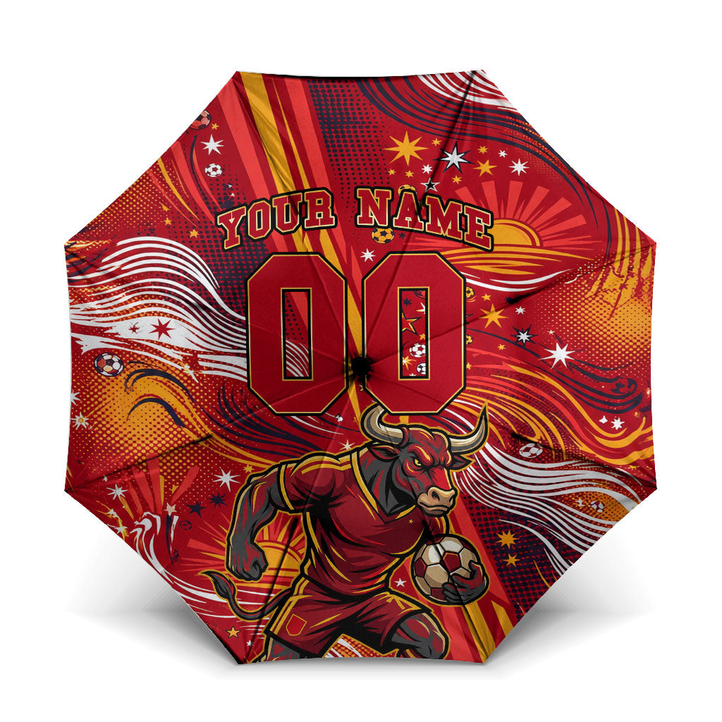 Personalized Spain Football Bull Mascot Umbrella Dynamic Spanish Sunburst Abstract Flame