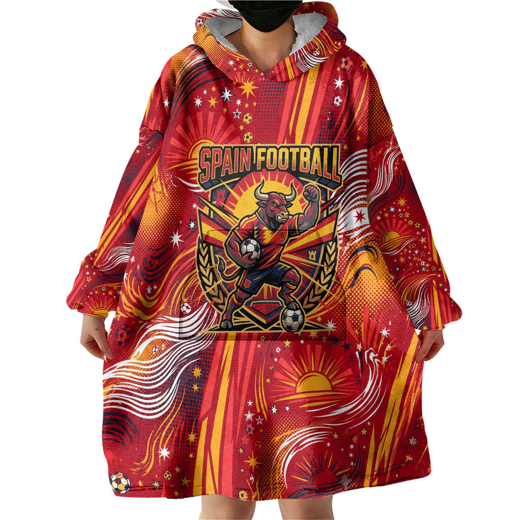 Personalized Spain Football Bull Mascot Wearable Blanket Hoodie Dynamic Spanish Sunburst Abstract Flame