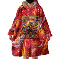 Personalized Spain Football Bull Mascot Wearable Blanket Hoodie Dynamic Spanish Sunburst Abstract Flame
