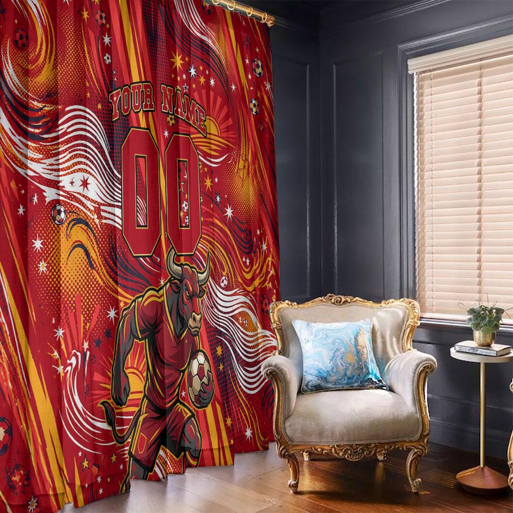Personalized Spain Football Bull Mascot Window Curtain Dynamic Spanish Sunburst Abstract Flame