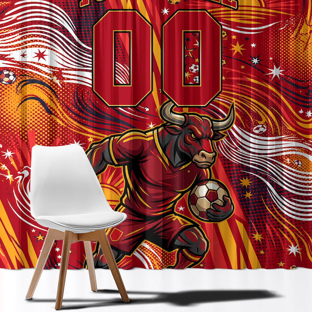 Personalized Spain Football Bull Mascot Window Curtain Dynamic Spanish Sunburst Abstract Flame