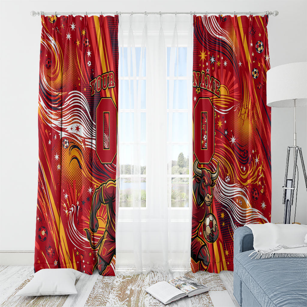 Personalized Spain Football Bull Mascot Window Curtain Dynamic Spanish Sunburst Abstract Flame