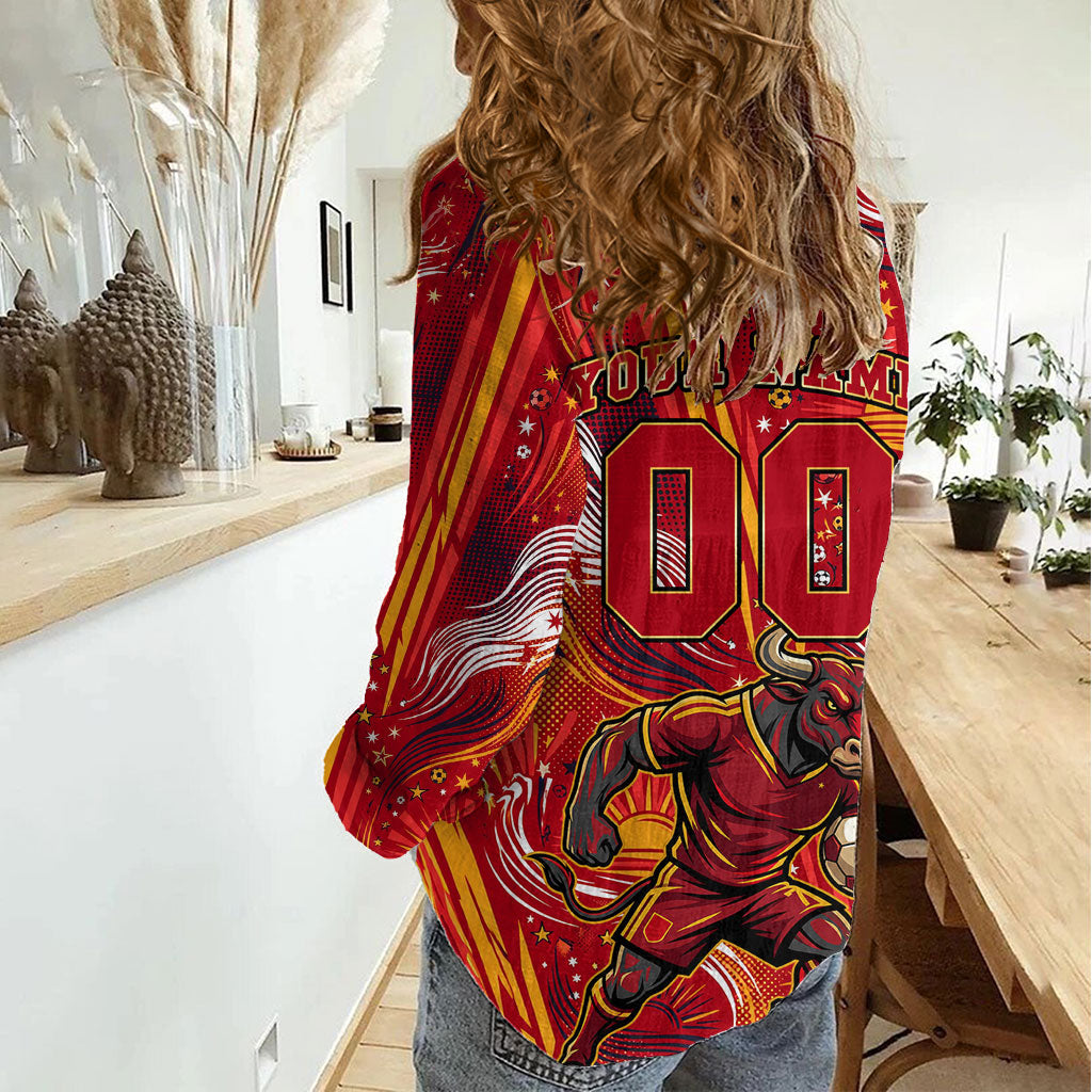 Personalized Spain Football Bull Mascot Women Casual Shirt Dynamic Spanish Sunburst Abstract Flame