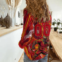 Personalized Spain Football Bull Mascot Women Casual Shirt Dynamic Spanish Sunburst Abstract Flame