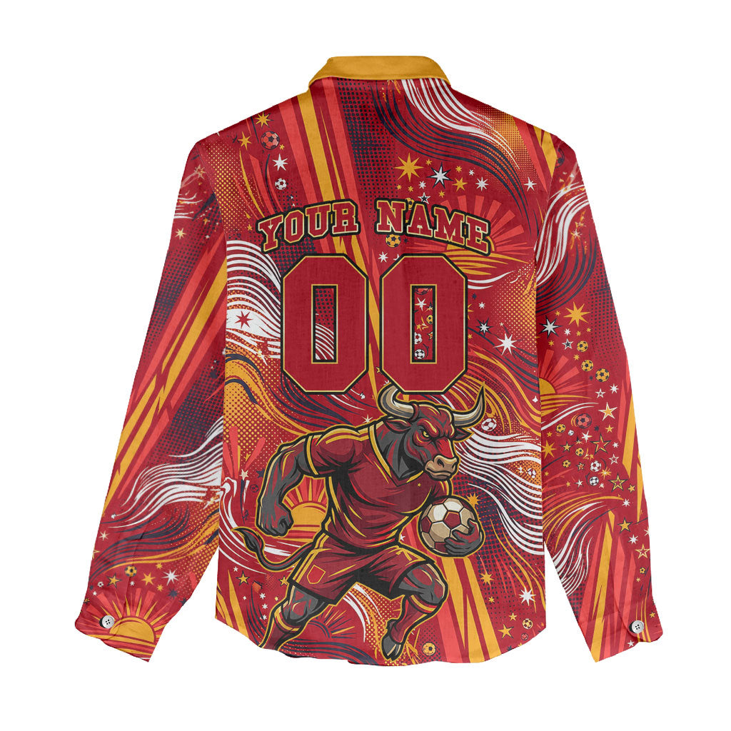 Personalized Spain Football Bull Mascot Women Casual Shirt Dynamic Spanish Sunburst Abstract Flame