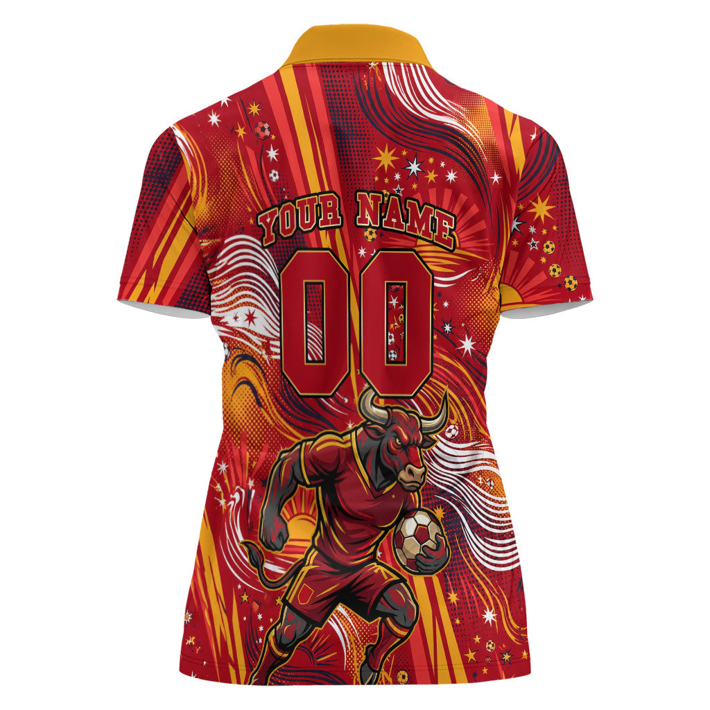 Personalized Spain Football Bull Mascot Women Polo Shirt Dynamic Spanish Sunburst Abstract Flame