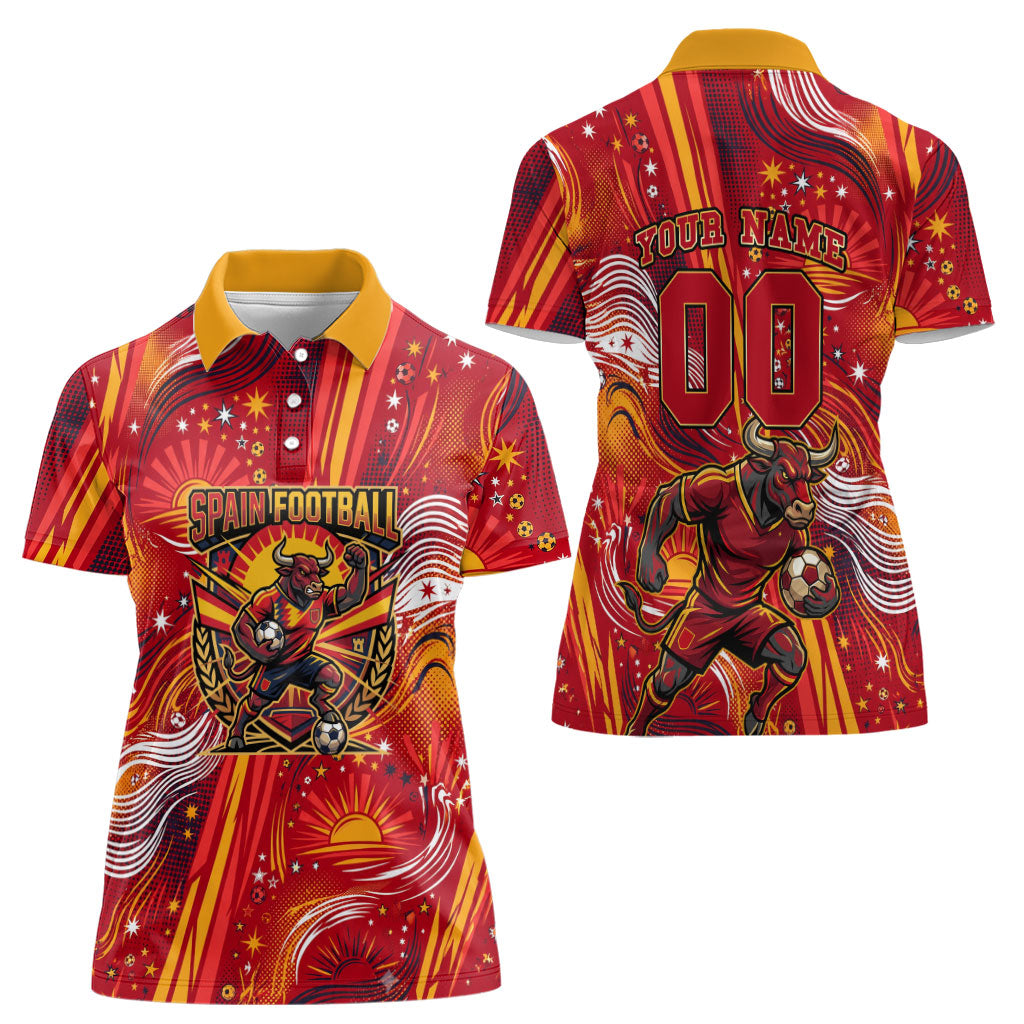 Personalized Spain Football Bull Mascot Women Polo Shirt Dynamic Spanish Sunburst Abstract Flame