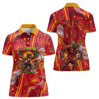 Personalized Spain Football Bull Mascot Women Polo Shirt Dynamic Spanish Sunburst Abstract Flame