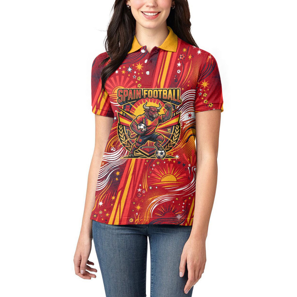 Personalized Spain Football Bull Mascot Women Polo Shirt Dynamic Spanish Sunburst Abstract Flame