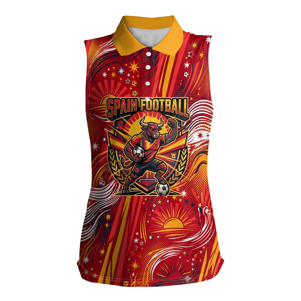 Personalized Spain Football Bull Mascot Women Sleeveless Polo Shirt Dynamic Spanish Sunburst Abstract Flame