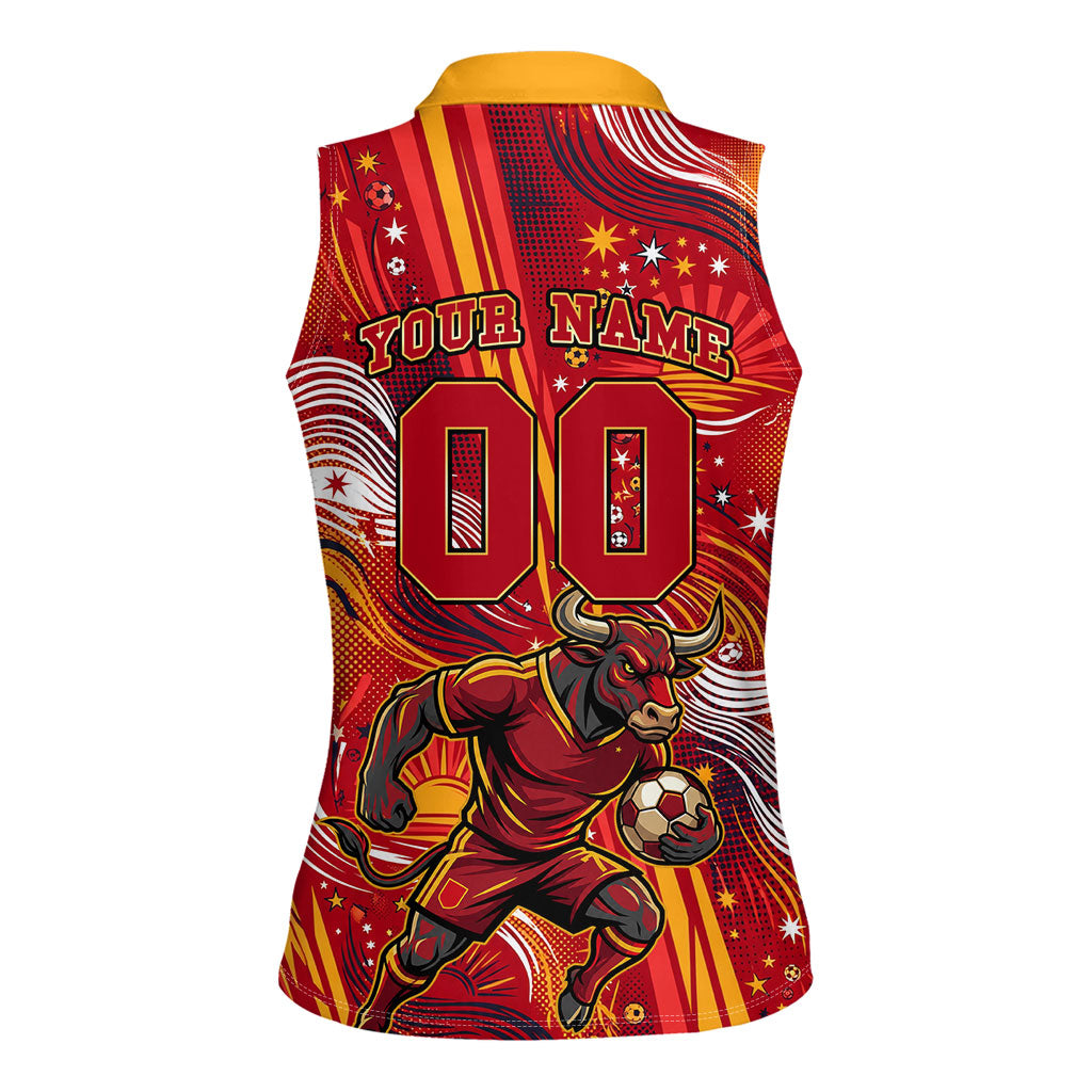 Personalized Spain Football Bull Mascot Women Sleeveless Polo Shirt Dynamic Spanish Sunburst Abstract Flame
