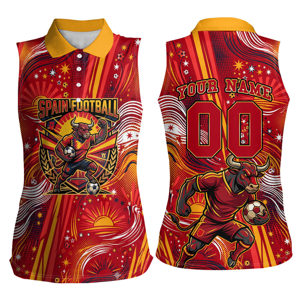 Personalized Spain Football Bull Mascot Women Sleeveless Polo Shirt Dynamic Spanish Sunburst Abstract Flame