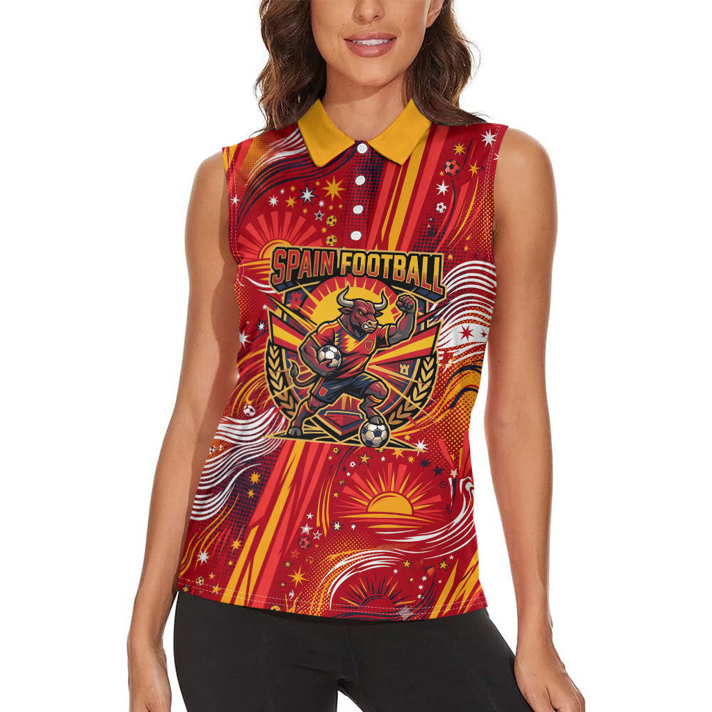 Personalized Spain Football Bull Mascot Women Sleeveless Polo Shirt Dynamic Spanish Sunburst Abstract Flame