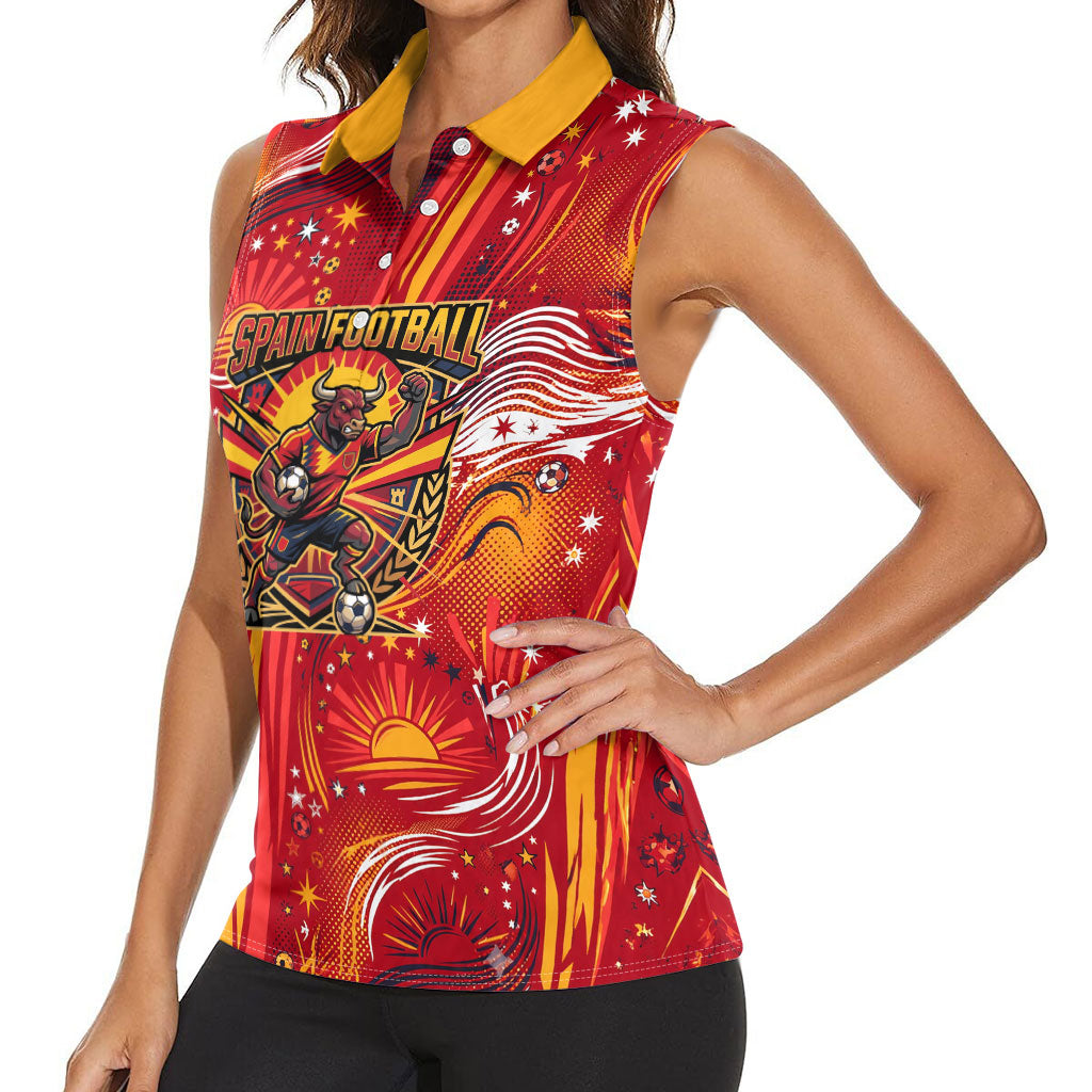 Personalized Spain Football Bull Mascot Women Sleeveless Polo Shirt Dynamic Spanish Sunburst Abstract Flame