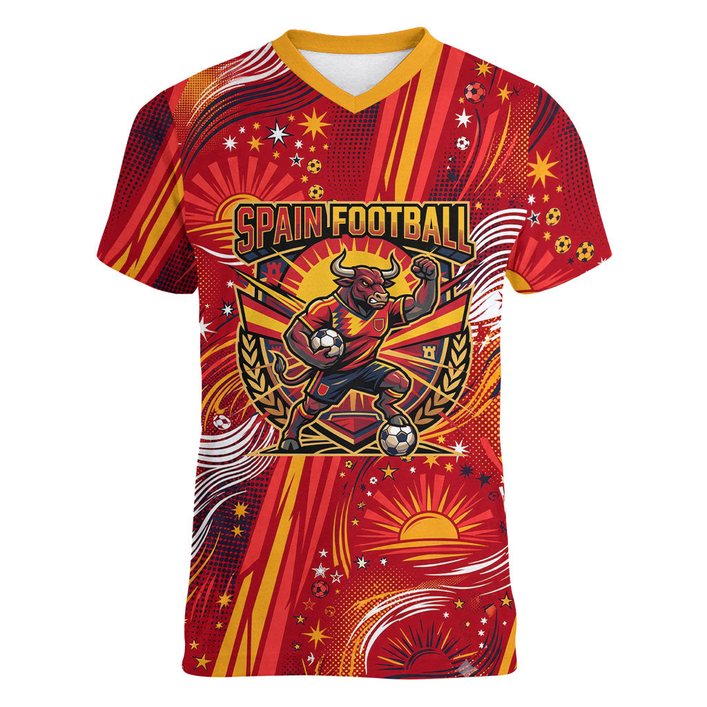 Personalized Spain Football Bull Mascot Women V-Neck T-Shirt Dynamic Spanish Sunburst Abstract Flame