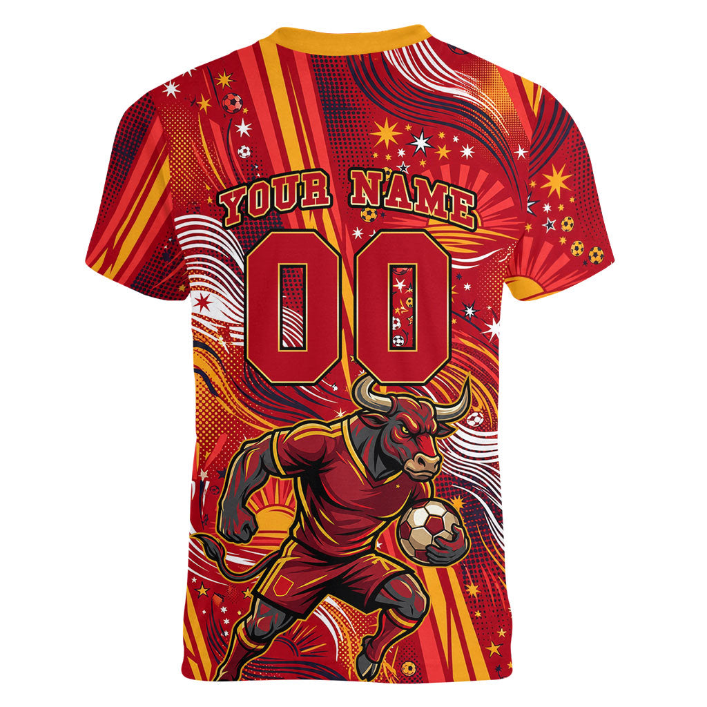Personalized Spain Football Bull Mascot Women V-Neck T-Shirt Dynamic Spanish Sunburst Abstract Flame