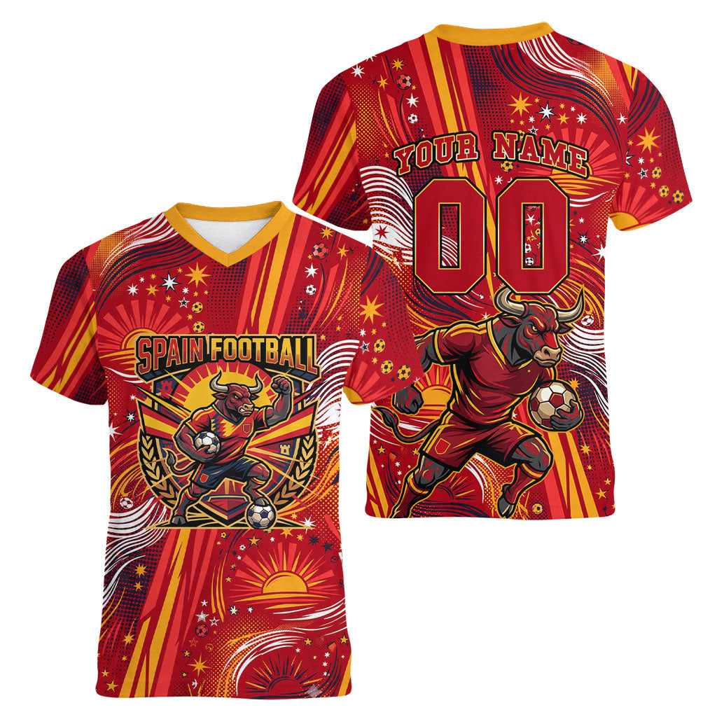 Personalized Spain Football Bull Mascot Women V-Neck T-Shirt Dynamic Spanish Sunburst Abstract Flame