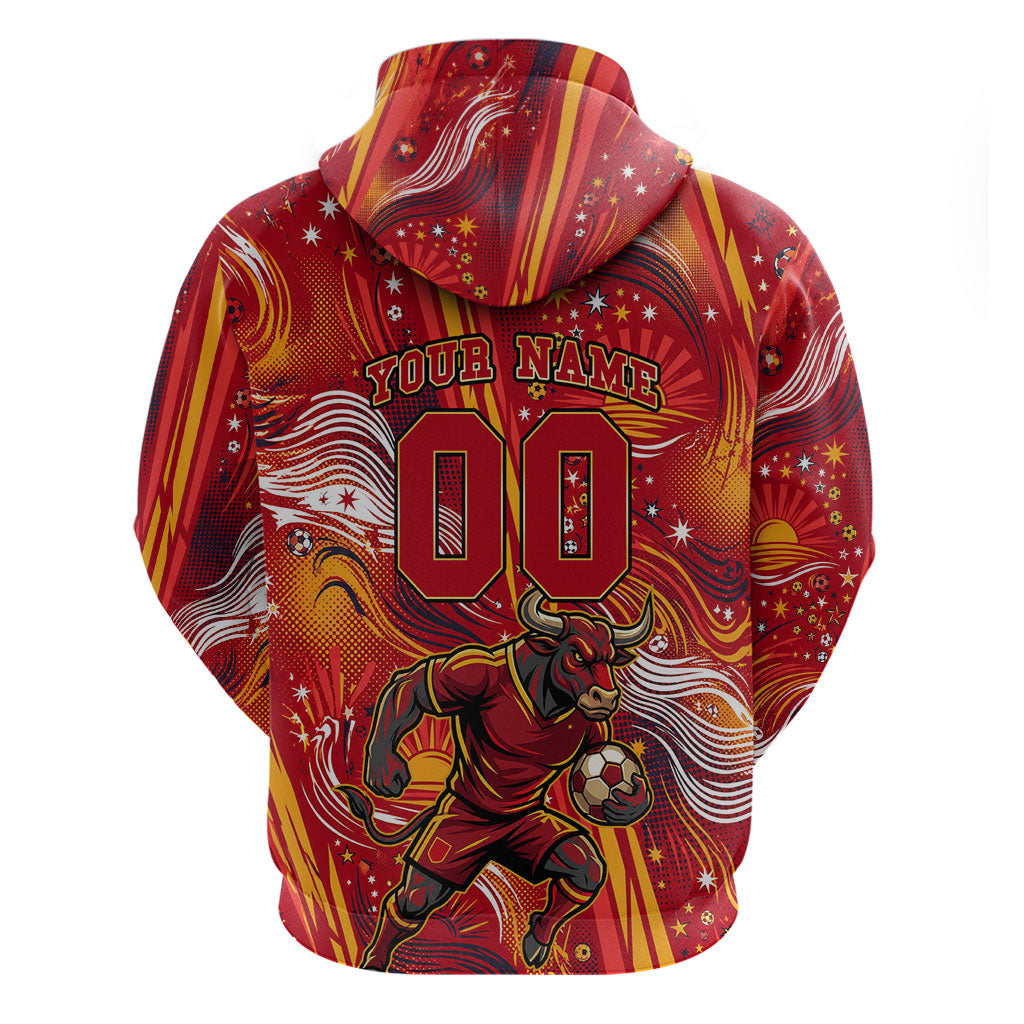 Personalized Spain Football Bull Mascot Zip Hoodie Dynamic Spanish Sunburst Abstract Flame