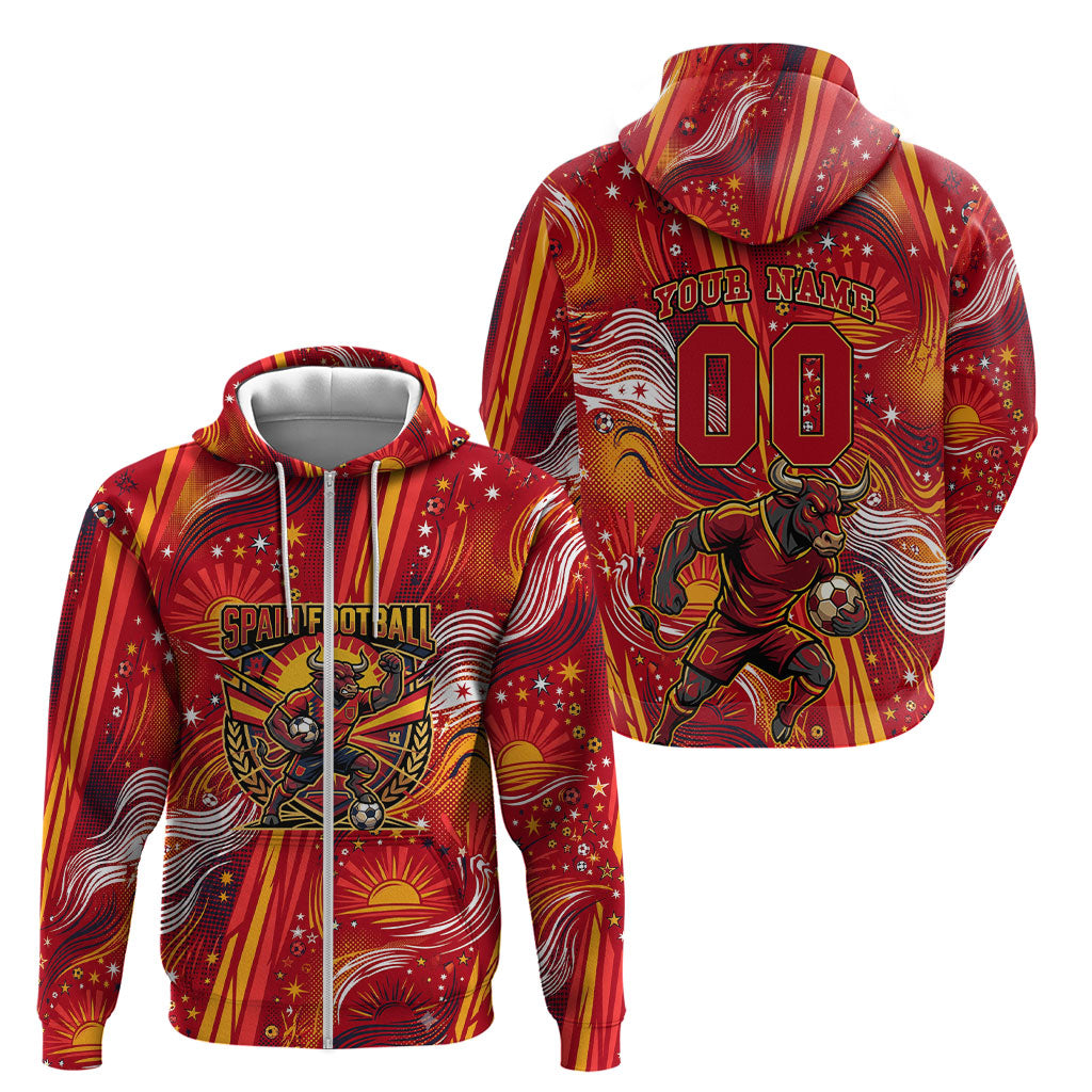 Personalized Spain Football Bull Mascot Zip Hoodie Dynamic Spanish Sunburst Abstract Flame