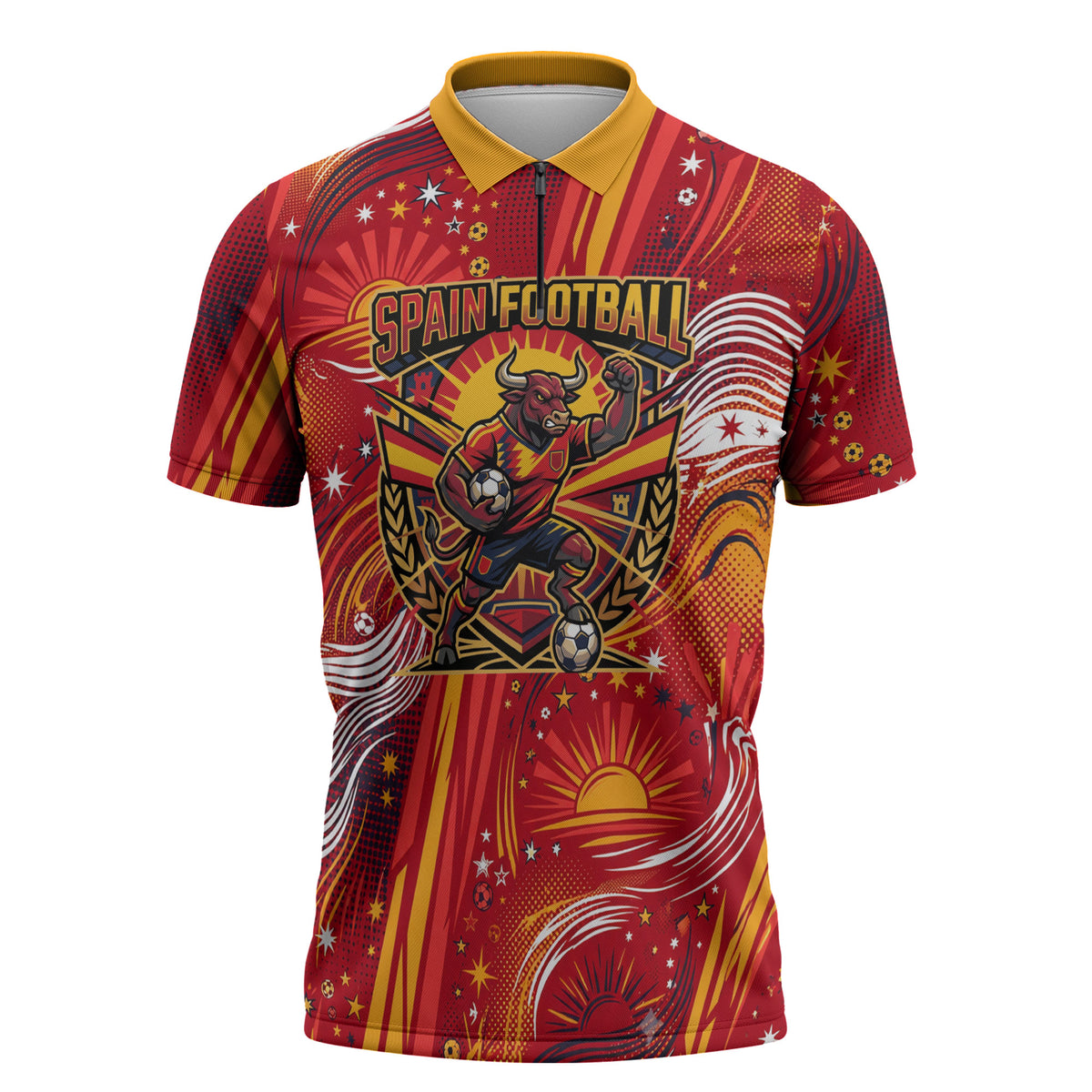 Personalized Spain Football Bull Mascot Zipper Polo Shirt Dynamic Spanish Sunburst Abstract Flame