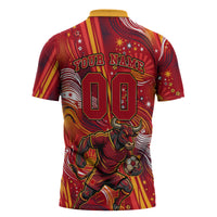 Personalized Spain Football Bull Mascot Zipper Polo Shirt Dynamic Spanish Sunburst Abstract Flame