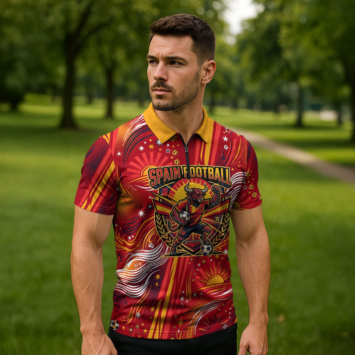 Personalized Spain Football Bull Mascot Zipper Polo Shirt Dynamic Spanish Sunburst Abstract Flame