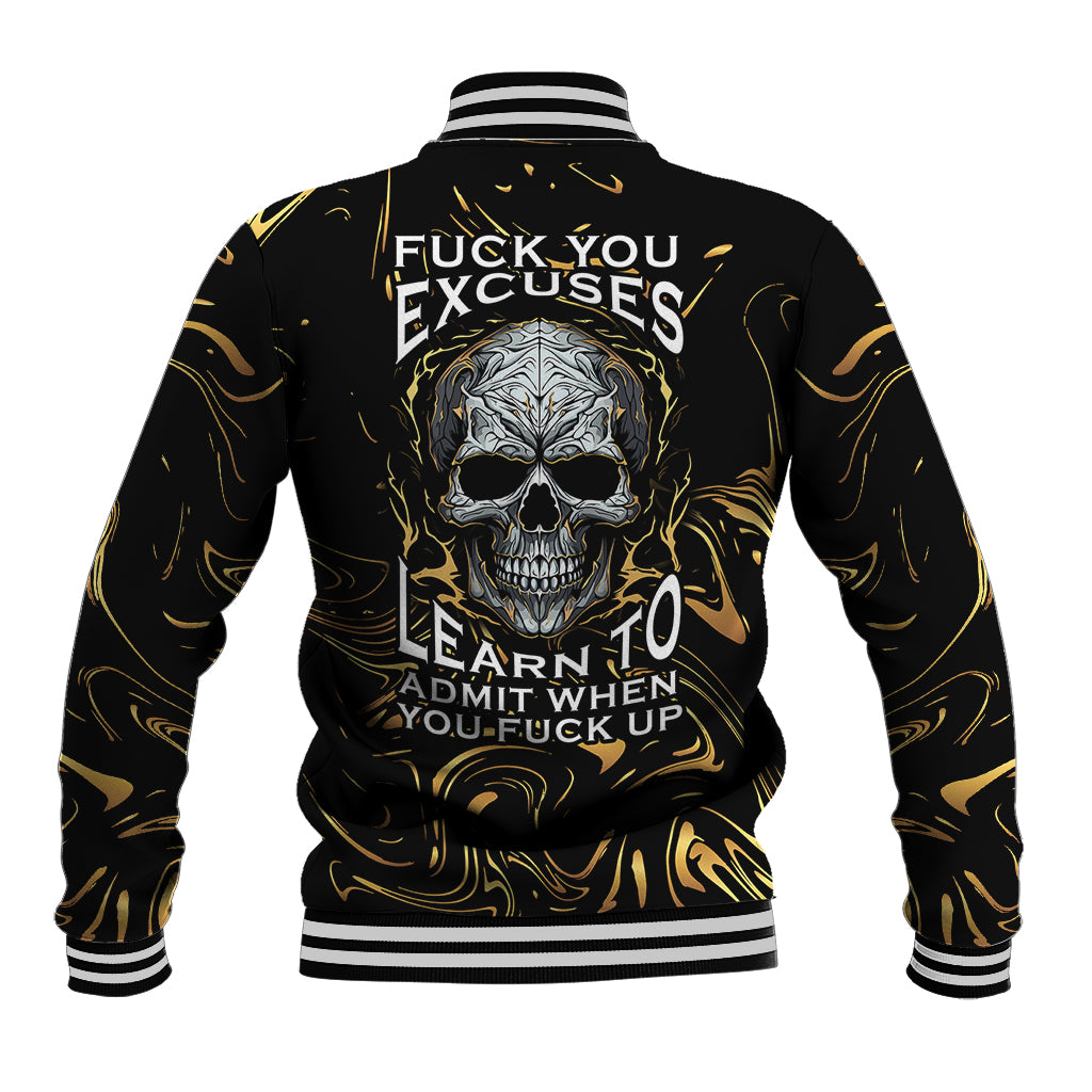 Skull Mable Golden Abstract Art Baseball Jacket Fuck You Excuses Learn To Admit When You Fuck Up - Wonder Print Shop
