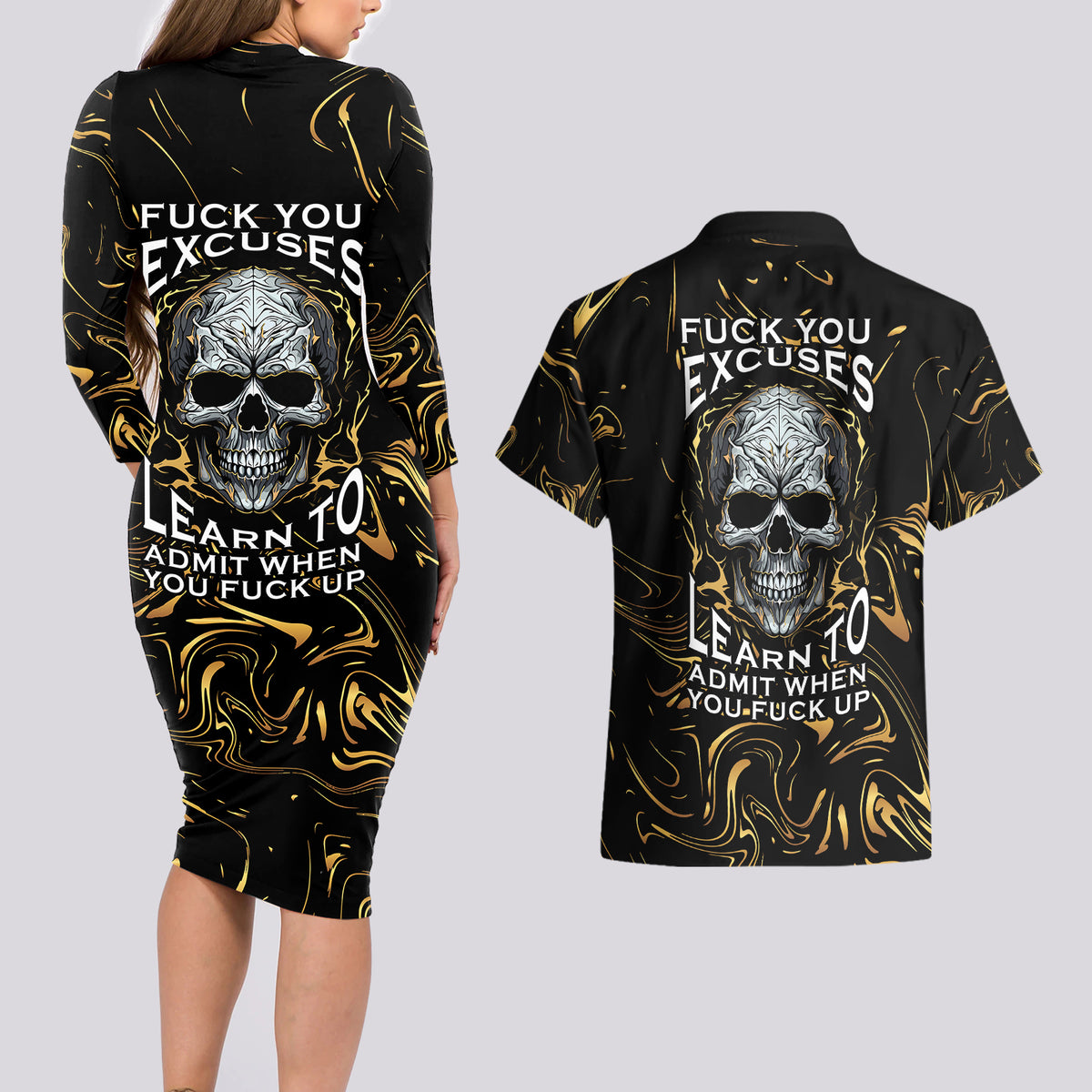 Skull Mable Golden Abstract Art Couples Matching Long Sleeve Bodycon Dress and Hawaiian Shirt Fuck You Excuses Learn To Admit When You Fuck Up - Wonder Print Shop