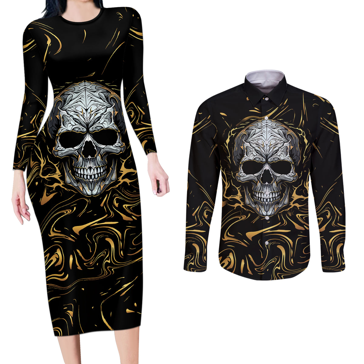 Skull Mable Golden Abstract Art Couples Matching Long Sleeve Bodycon Dress and Long Sleeve Button Shirts Fuck You Excuses Learn To Admit When You Fuck Up - Wonder Print Shop