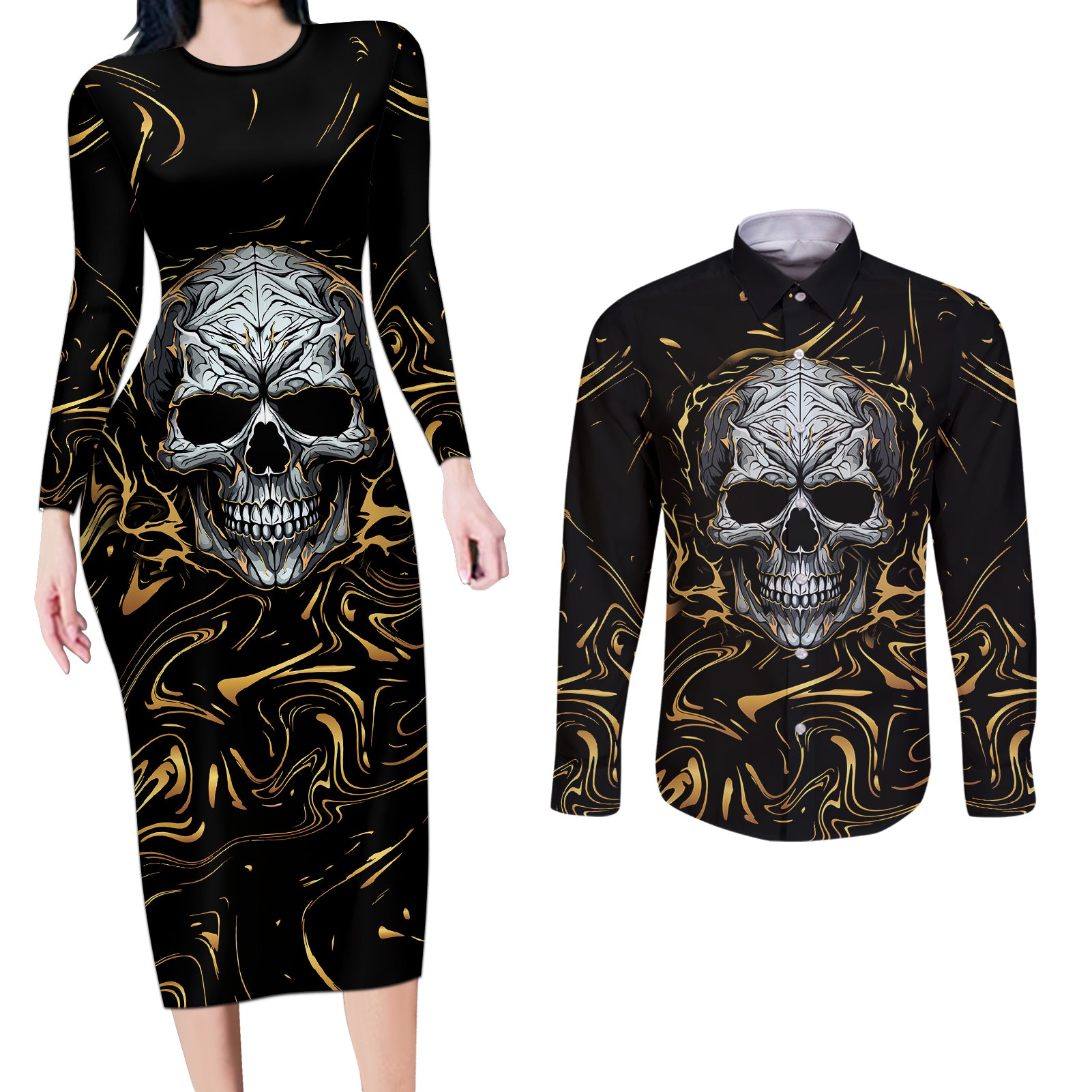 Skull Mable Golden Abstract Art Couples Matching Long Sleeve Bodycon Dress and Long Sleeve Button Shirts Fuck You Excuses Learn To Admit When You Fuck Up - Wonder Print Shop