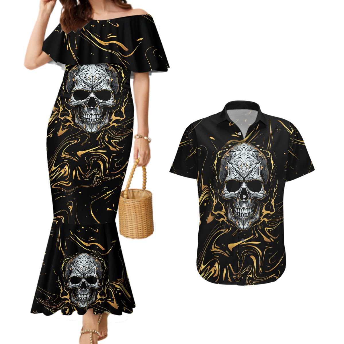 Skull Mable Golden Abstract Art Couples Matching Mermaid Dress and Hawaiian Shirt Fuck You Excuses Learn To Admit When You Fuck Up - Wonder Print Shop