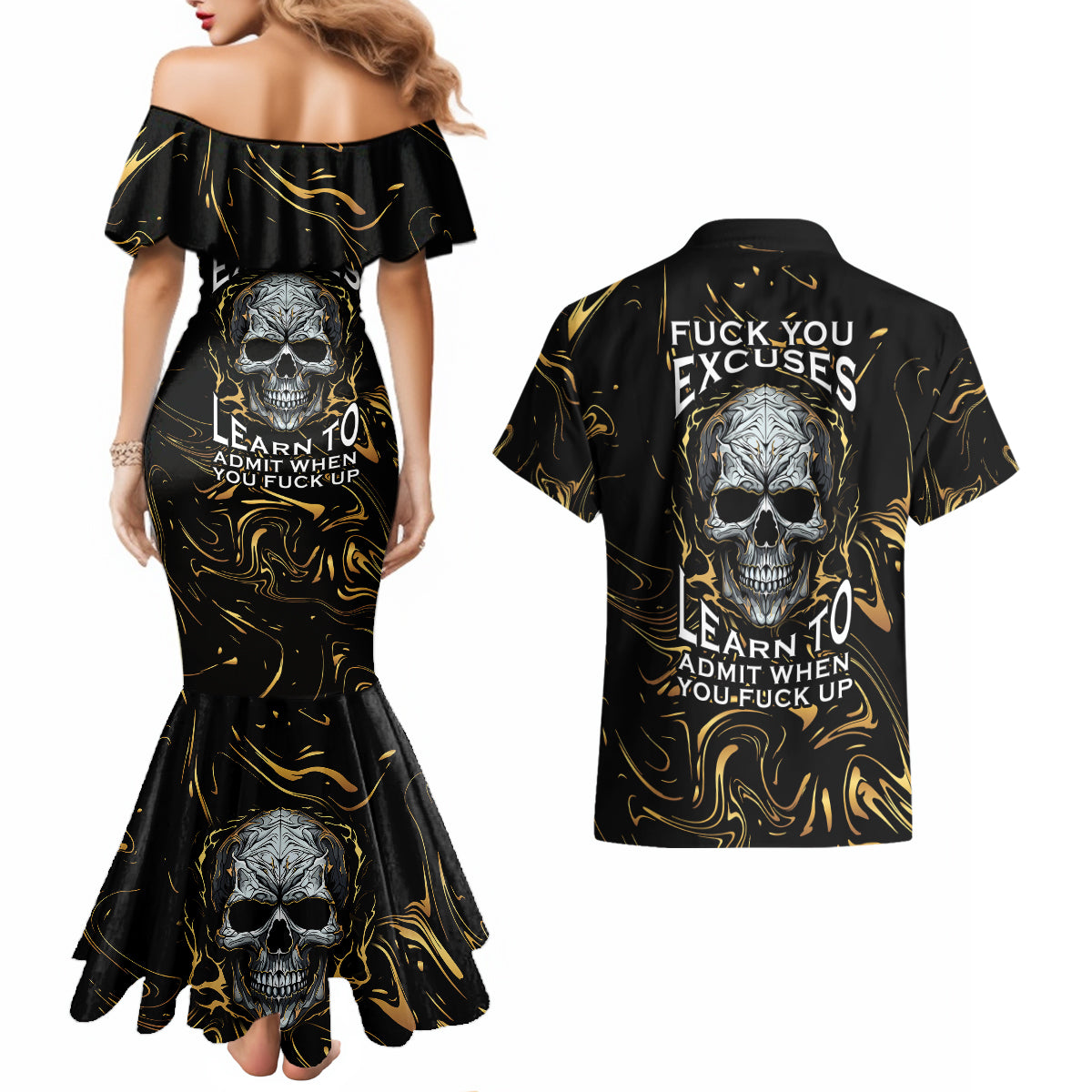 Skull Mable Golden Abstract Art Couples Matching Mermaid Dress and Hawaiian Shirt Fuck You Excuses Learn To Admit When You Fuck Up - Wonder Print Shop
