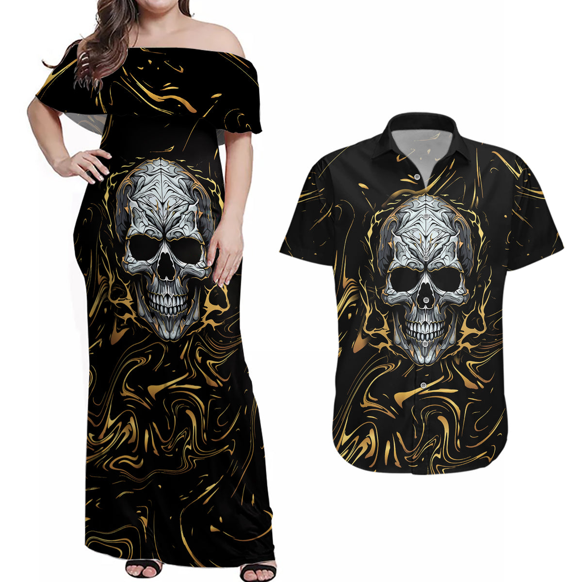 Skull Mable Golden Abstract Art Couples Matching Off Shoulder Maxi Dress and Hawaiian Shirt Fuck You Excuses Learn To Admit When You Fuck Up - Wonder Print Shop